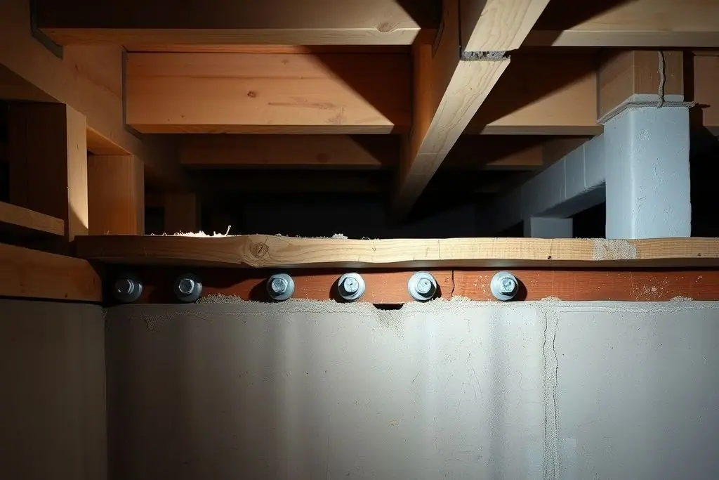 Row of new galvanized anchor bolts with square plate washers fastening an old wood sill plate to the top of a concrete foundation wall inside a crawlspace