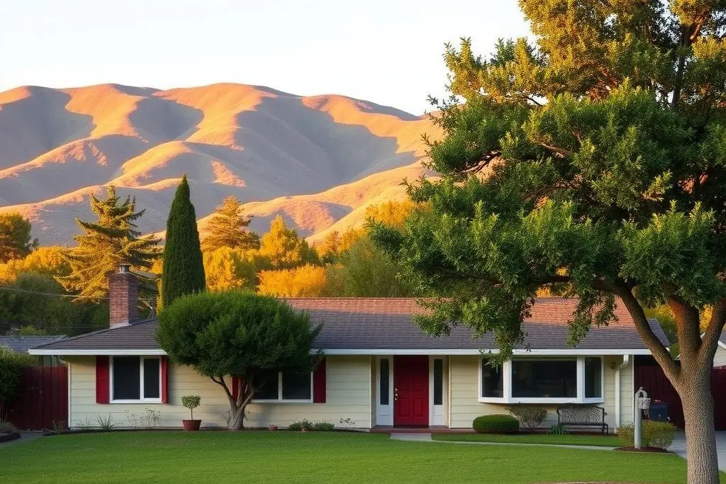 Single-story 1960s ranch home with a brick planter and green lawn in a leafy Danville neighborhood with golden foothills behind