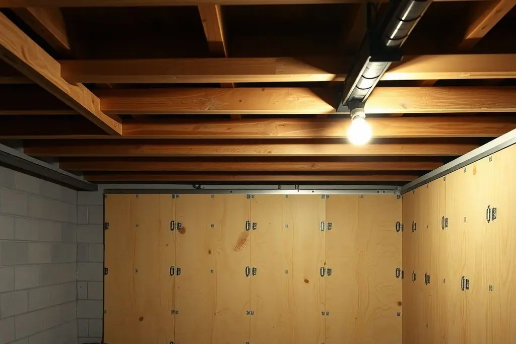 Crawlspace under an older house with short cripple walls newly covered in light plywood shear panels and steel brackets on the concrete foundation