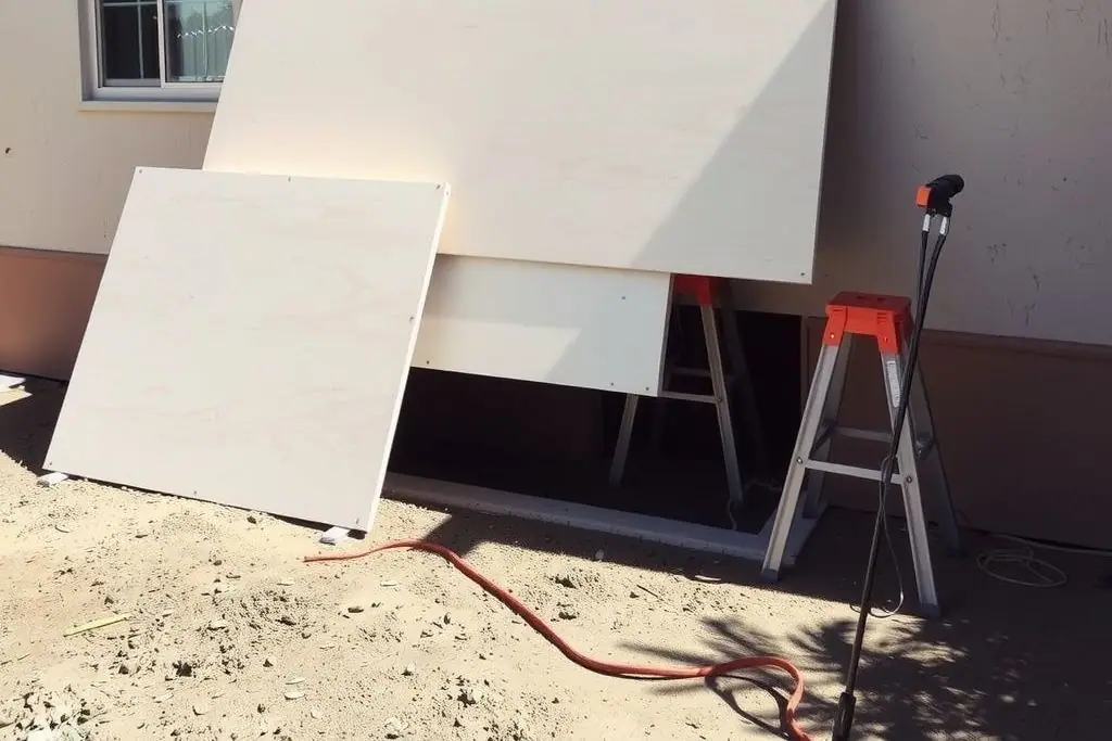 New plywood sheets on sawhorses beside the open crawlspace hatch of an older stucco ranch house