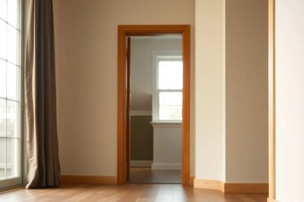 Yellow spirit level lying on an old hardwood floor near an interior doorway with a slight gap at the top of the door