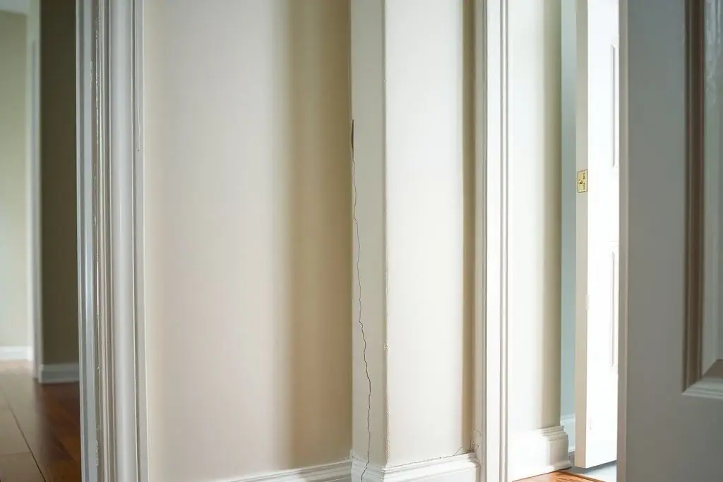 Interior doorway with a hairline diagonal drywall crack from the door corner above a hardwood floor