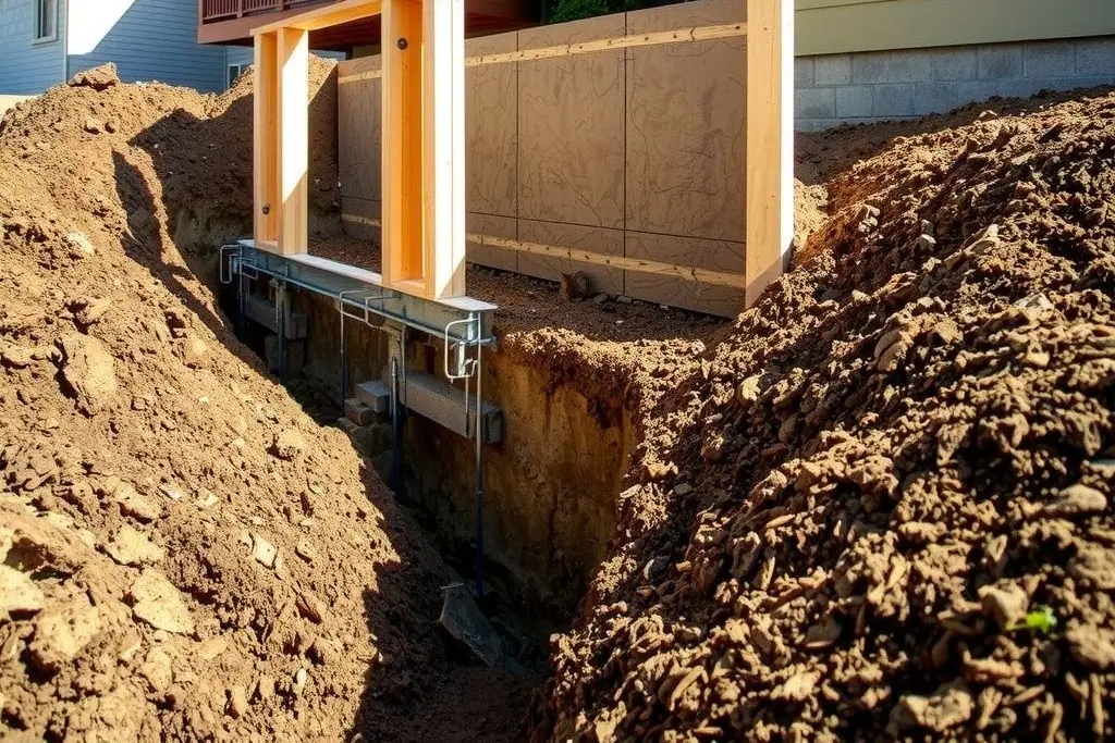 Wooden concrete forms and steel rebar set in a freshly dug trench beside a suburban house for a new footing