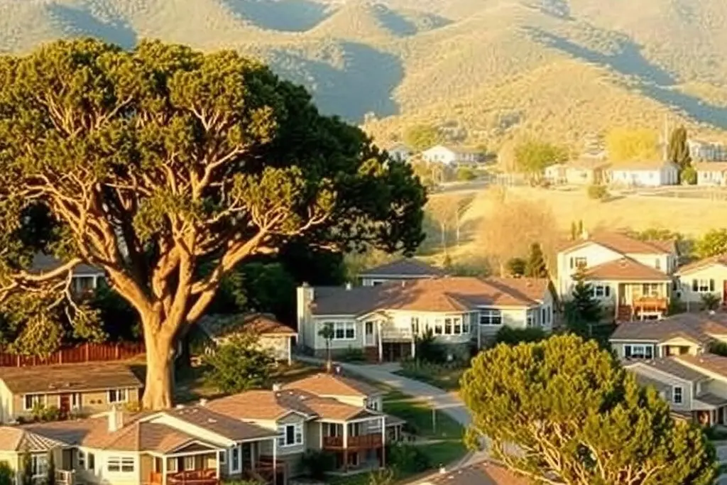 Hillside neighborhood of 1950s and 1960s single-story homes among large oaks in Lafayette with green hills behind