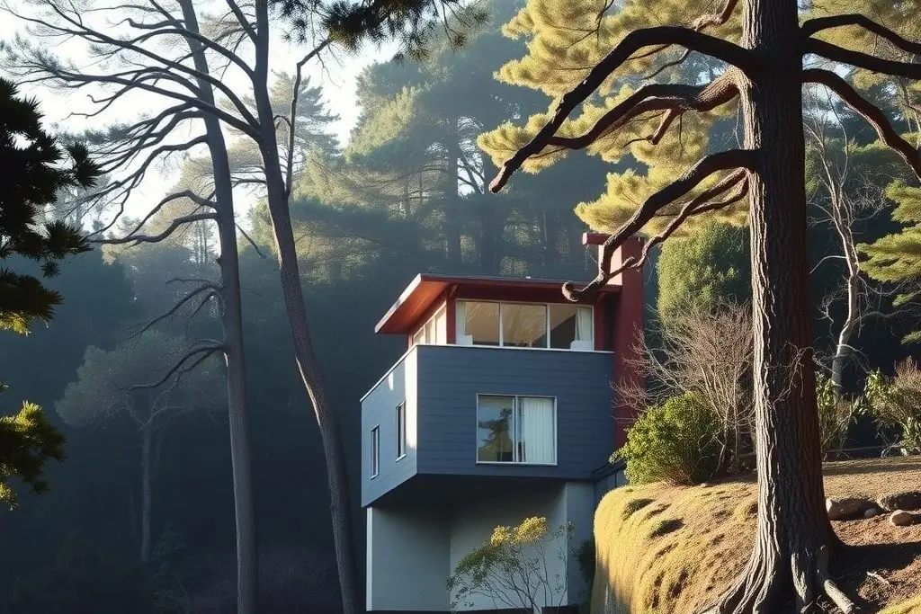 Mid-century house on concrete piers over a steep wooded slope with tall oaks and redwoods in morning mist