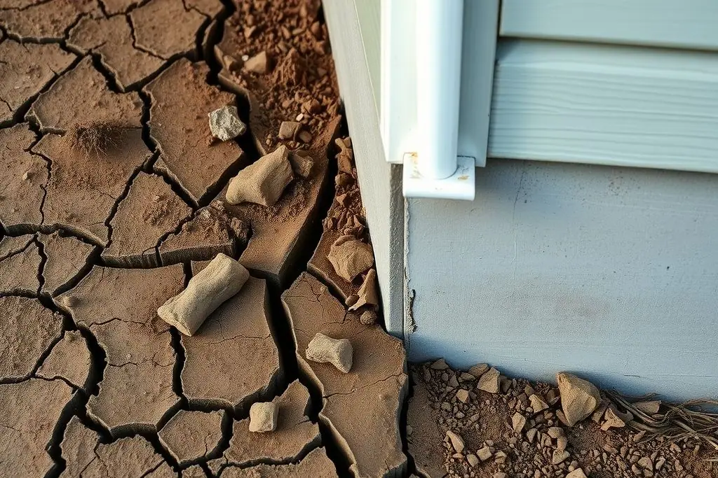 Deeply cracked dry clay soil pulled away from the concrete foundation of a house in late summer